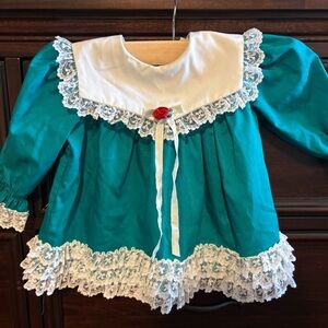 Charming Teal and White Kids Dress with Lace Accents